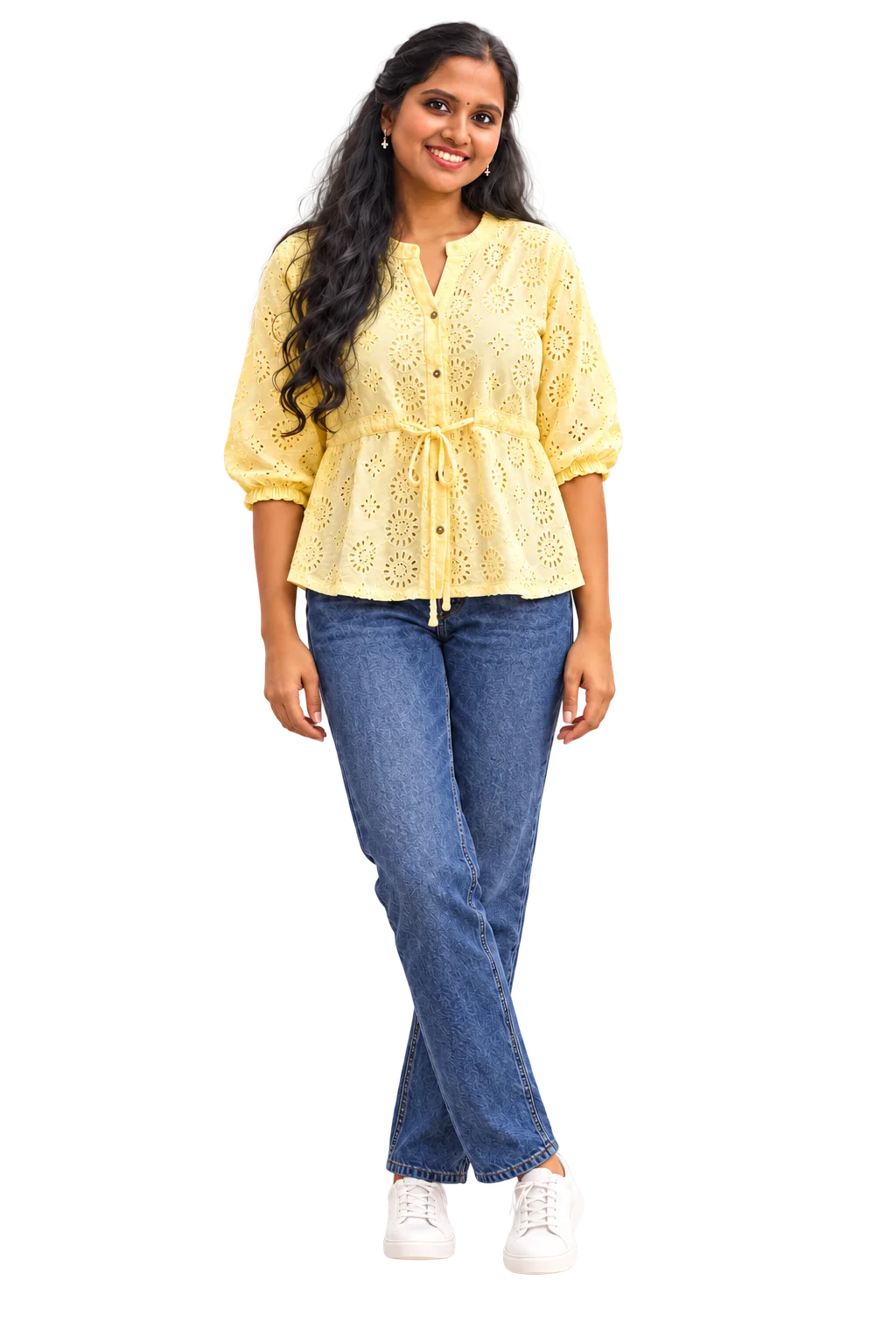 Illustrated portrait of Harithamol in a yellow blouse and blue jeans