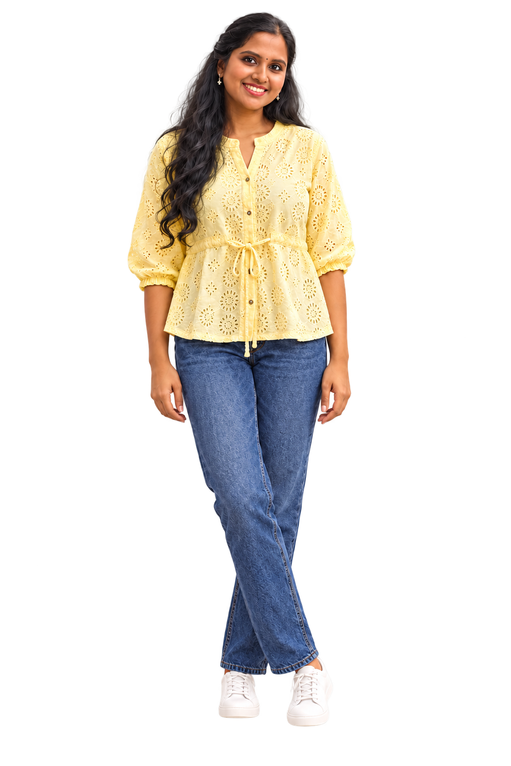 Illustrated portrait of Harithamol in a yellow blouse and blue jeans